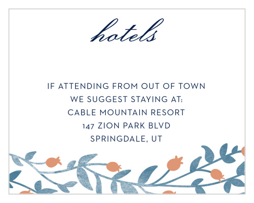 Enchanting leaves trail along the top and the bottom of the Vintage Vines Foil Bat Mitzvah Lodging Cards.