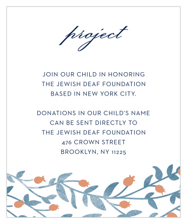 After you choose a project, keep your guests informed with Vintage Vines Foil Bat Mitzvah Project Cards.