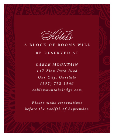 This festively elegant accommodation card features a clever paisley design that you can customize.