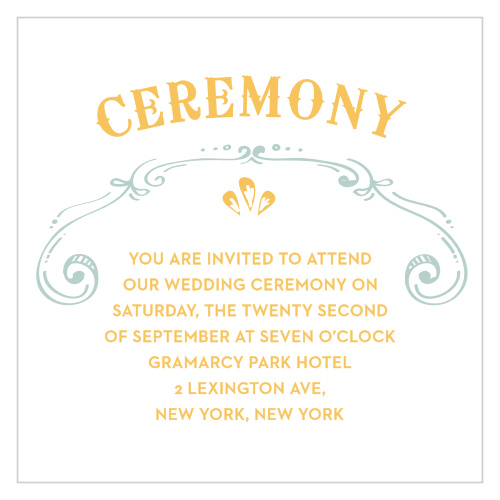 The bright yarrow-yellow titles on our Cheerful Celebrations Ceremony Cards are a fantastic first impression of your intimate celebration.