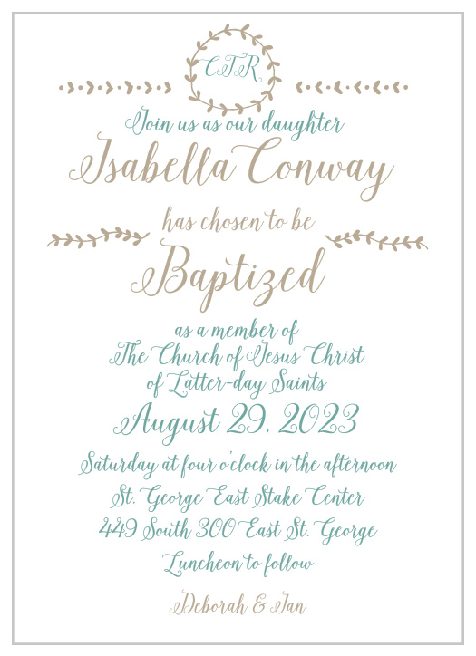 Invite your guests to your Baptism in style with the Back to Nature LDS Baptism Invitations.