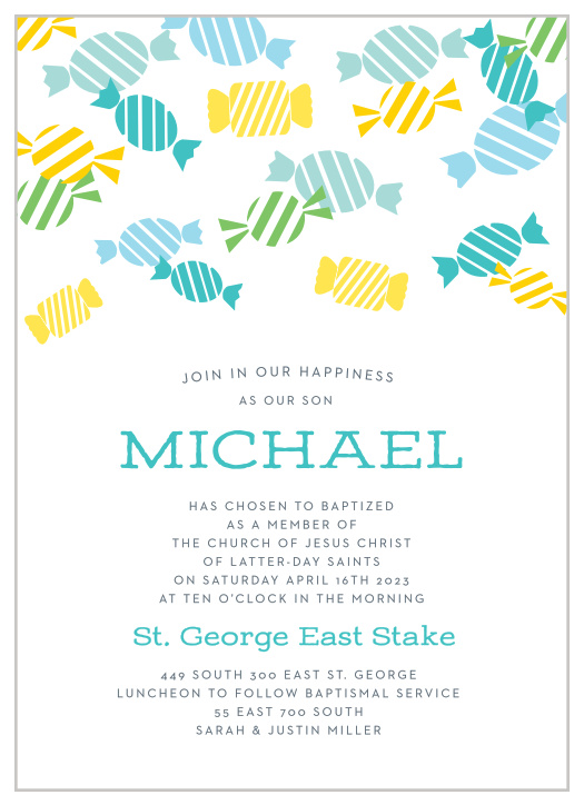 Celebrate your son's baptism with these colorful Candy Party LDS Baptism Invitations.
