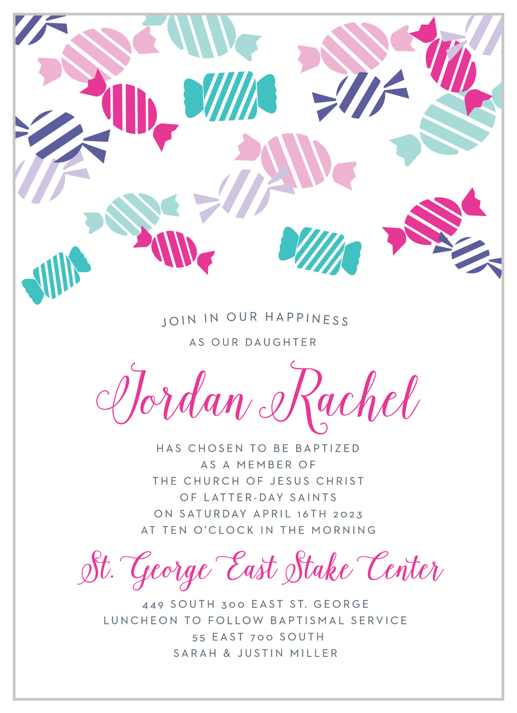 Candy Party Girl LDS Baptism Invitations