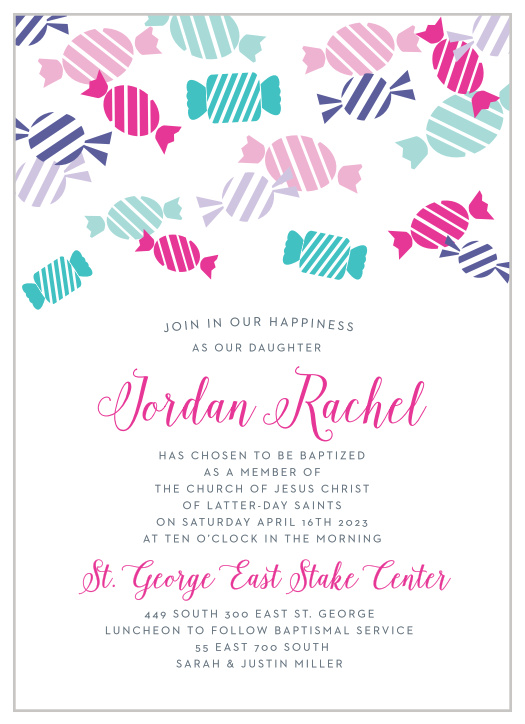 Celebrate your daughter's baptism with these colorful Candy Party LDS Baptism Invitations.