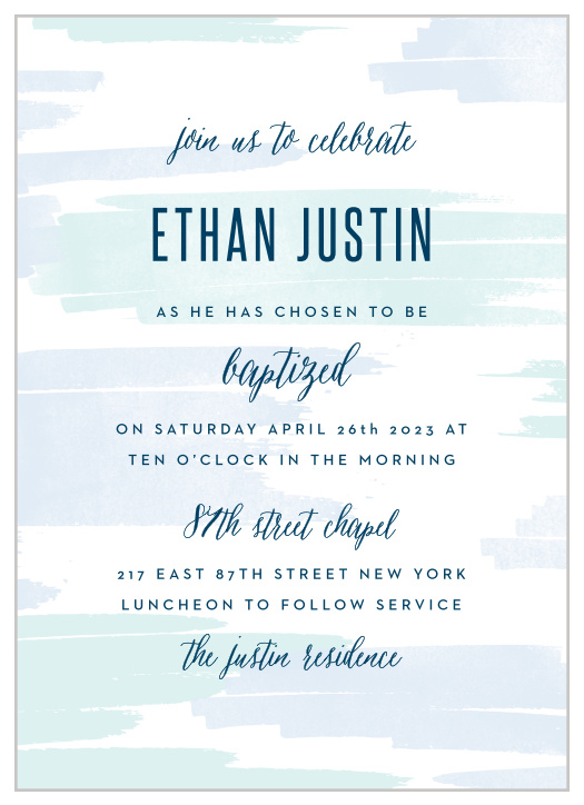 Announce your son's baptism with our soft Pleasant Paintbrush LDS Baptism Invitations.