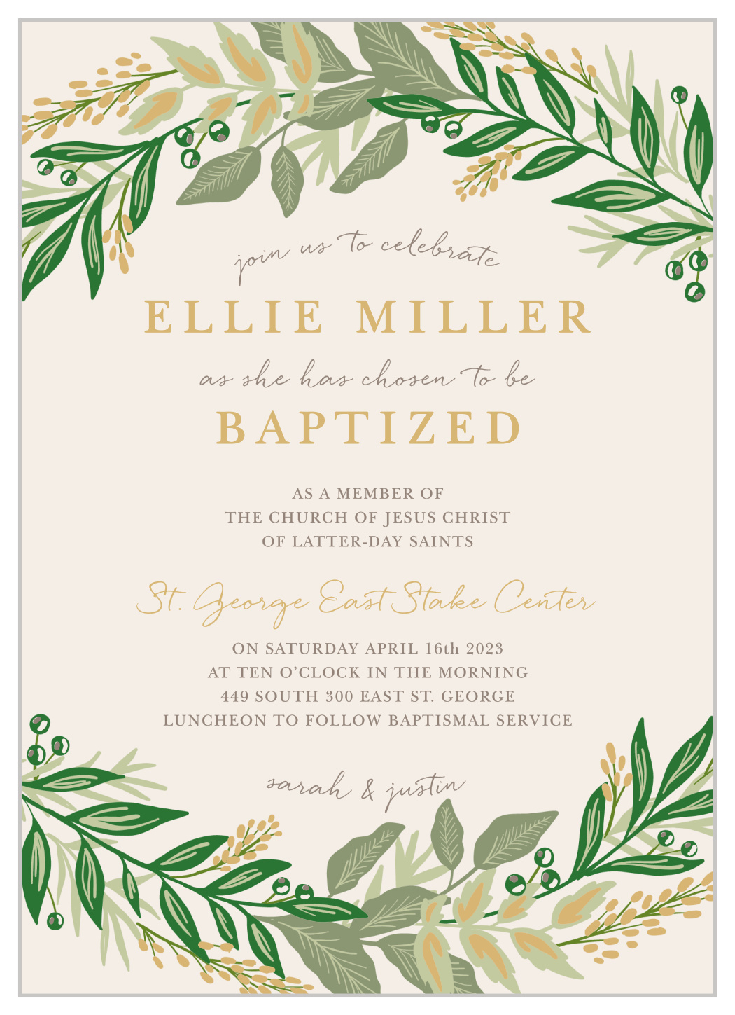 Regal Wreath Foil LDS Baptism Invitations