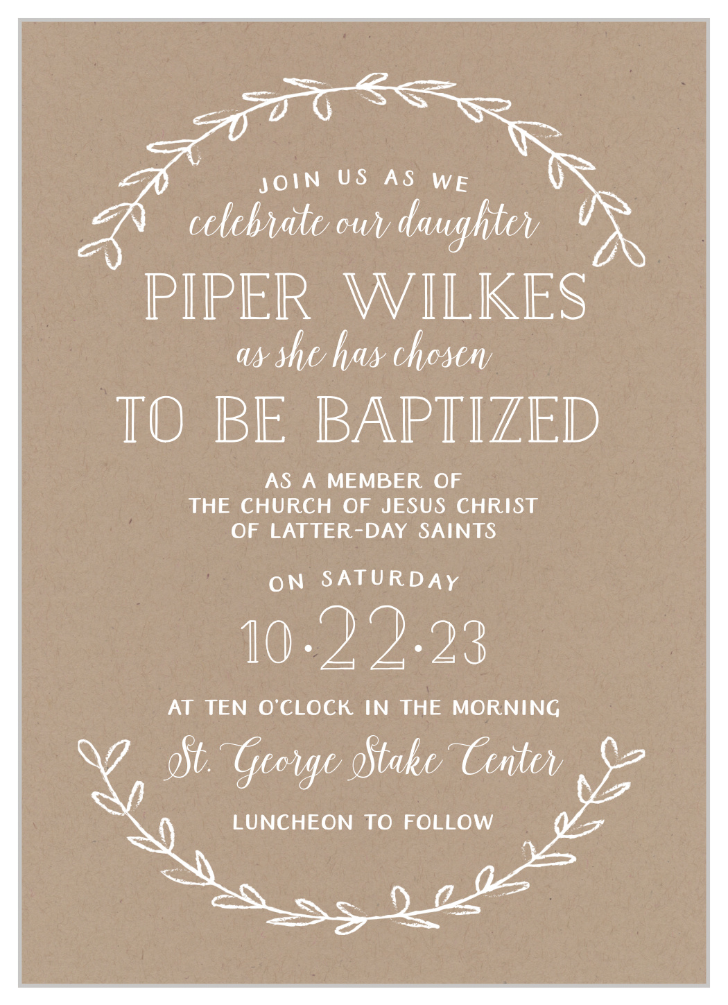 Rustic Party LDS Baptism Invitations