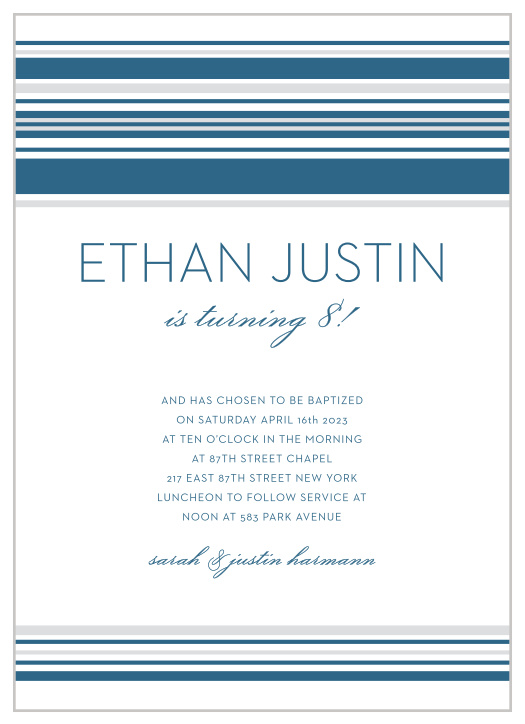 With soft silver and classic blue lines as the primary designs, Stellar Stripes LDS Baptism Invitations embody a minimalistic design.