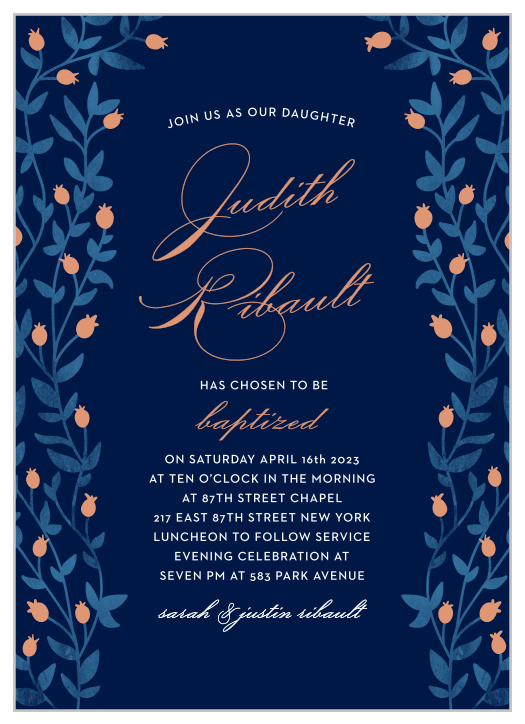 Enchanting vines with buds in gold, silver, or rose gold foil encircle your text on the Vintage Vines Foil LDS Baptism Invitations.