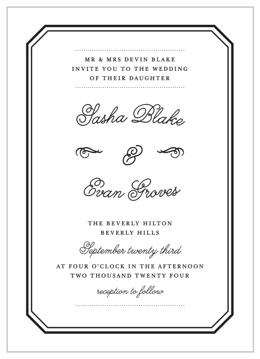 Exquisite, curling calligraphy decorates the French Label Wedding Invitations.