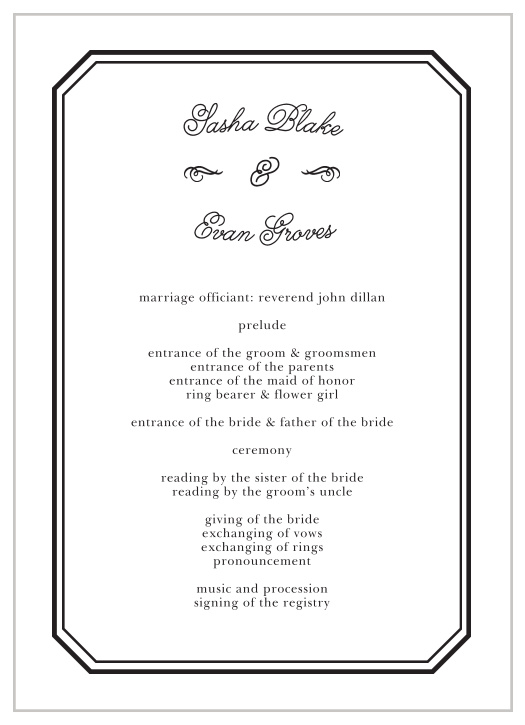 Exquisite, curling calligraphy and a vintage frame decorate the French Label Wedding Programs.