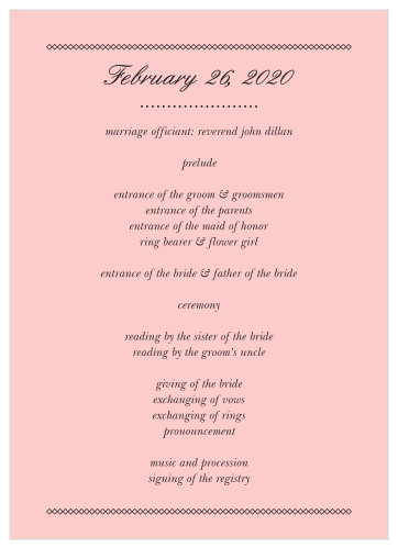 Our Swirly Love Wedding Programs print on a soft, cotton candy pink background, with an elegant script typeface and top and bottom borders formulated out of thin, interconnected diamonds.