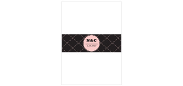 On a deep black background cut into diamond shapes by evenly spaced cotton candy dots, with your initials and the date of your wedding contained in a circle of that same soft pink, these Swirly Love Belly Bands are a wonderful way to wrap your envelopes.