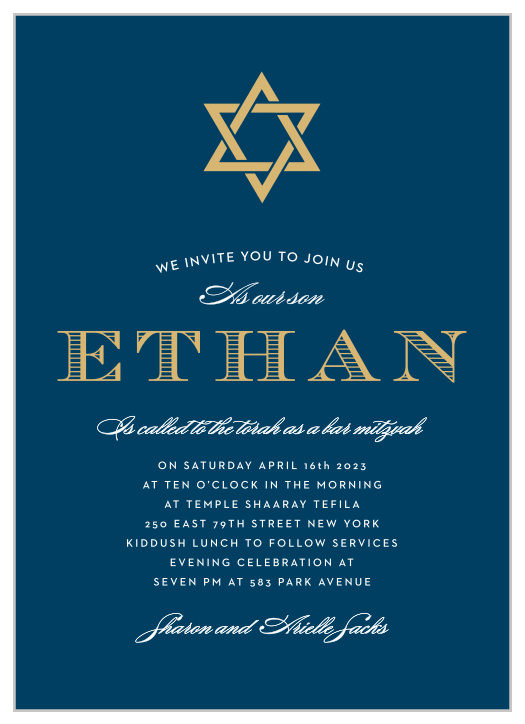 Stay true to the age-old traditions of the Bar Mitzvah with the Precious Traditions Foil Bar Mitzvah Invitations!