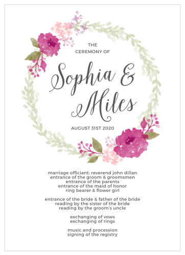 Organize your ceremony with the softly rustic touch of the Watercolor Wreath Wedding Programs from the Crafty Pie Collection at Basic Invite.
