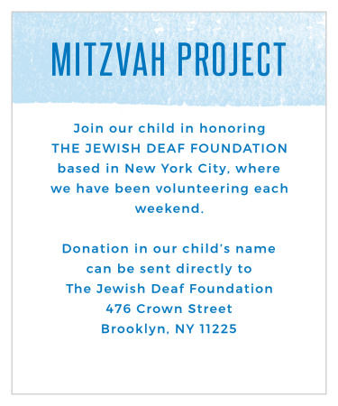 Focus your guests' efforts with Watercolor Stripes Bar Mitzvah Project Cards.