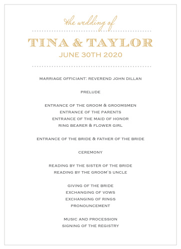 Provide an agenda for each of your guests at the wedding using the Vintage Label Foil Wedding Programs.