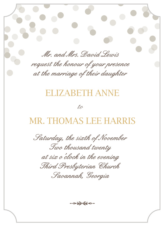The Glamorous Confetti wedding invitations are the perfect fit for any season with their black-tie elegance, and fun dotted accents.