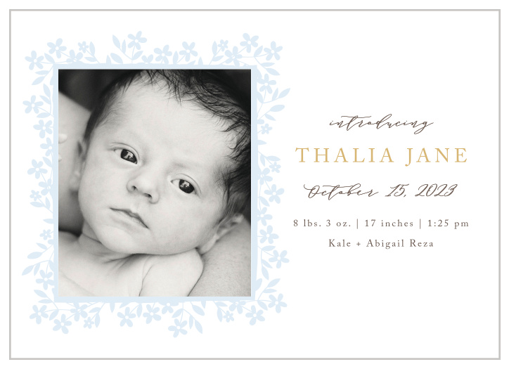 Frame your newborn’s photo with the spring florals of the Flower Garden Birth Announcements.