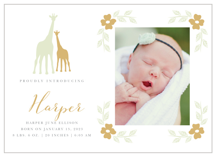Sweet flowers frame your newborn’s photo on the Delicate Giraffe Birth Announcements.