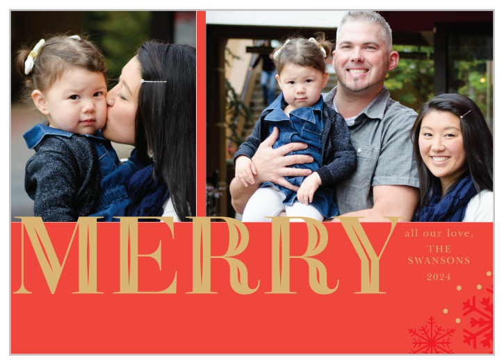 The Winter Woodcut Foil Holiday Cards feature snowflakes on the bottom right corner and space for 2 photos.