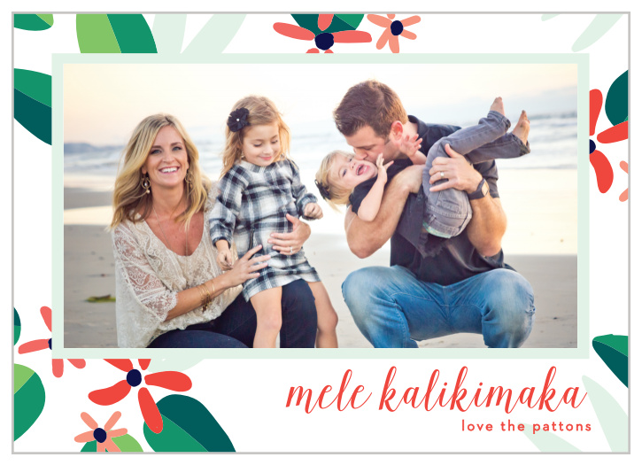 Tropical flowers and foliage border the Totally Tropical Christmas Cards.