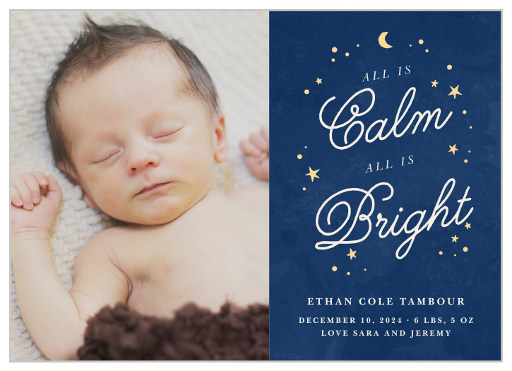 Surrounded by a circle of celestial bodies and accentuated by a lovely picture to the left, Starry Night Holiday Cards set the scene for a serene holiday.