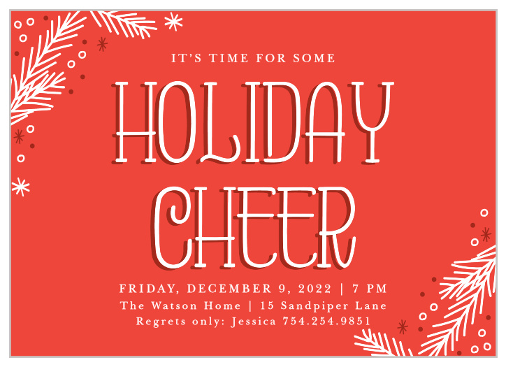Various holiday symbols cover the front of our Venetian red Cheerful Holiday Party Invitations.
