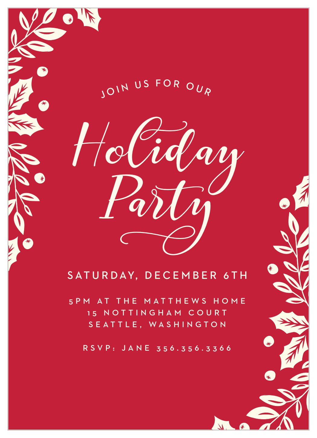 Elegant Holly Holiday Invitations by Basic Invite