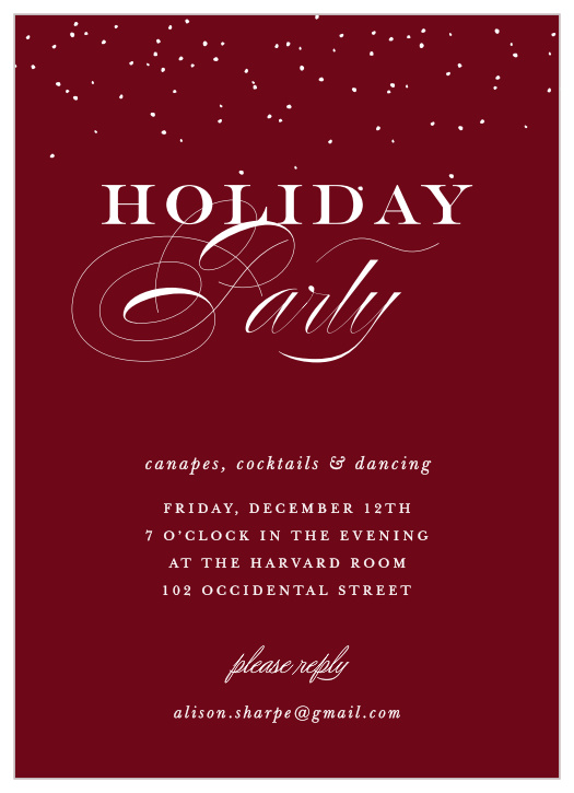 Festive Elegance Christmas Party Invitations, in a deep tuscany red and contrasted with snowy white calligraphy and classic font, are a truly elegant way for you to welcome your loved ones this season.