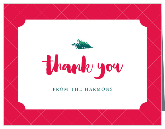 Little Pine Christmas Thank You Cards feature a gorgeous red checkered background, on top of which we've placed a white space in the shape of a ticket.
