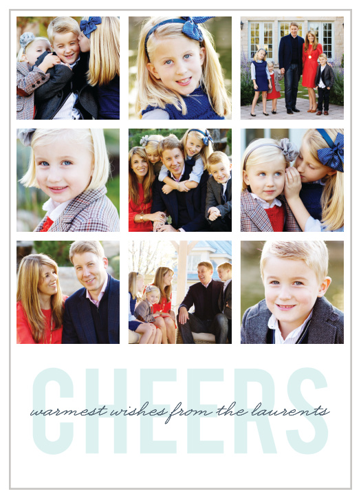 This card has a soft and elegant look that your loved ones will enjoy having on their fridge, or sitting atop their mantle, with its light, tropical blue heading intersected by a skinny, handwritten calligraphy, and topped by a series of your personal photos.