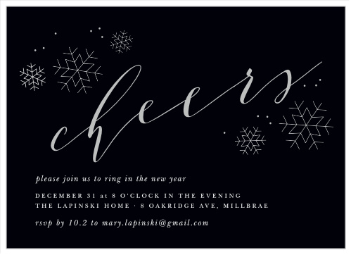 A rich black serves as the foundation for our Charcoal Chic Foil Holiday Party Invitations, graced by a collection of metallic foil snowflakes and beautiful typefaces.