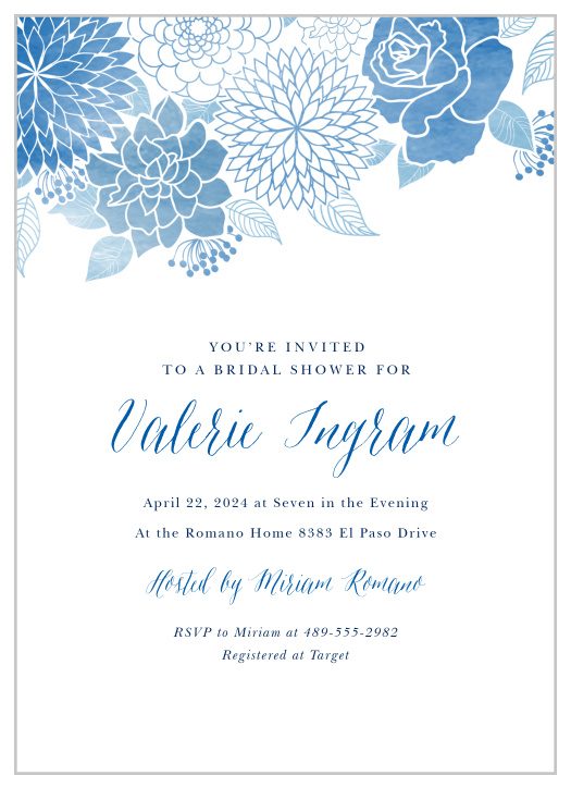 A modern collage of flowers accent the top of this invitation. Lots of fun bold colors are included in this invite. Fully customizable with an instant preview of your changes