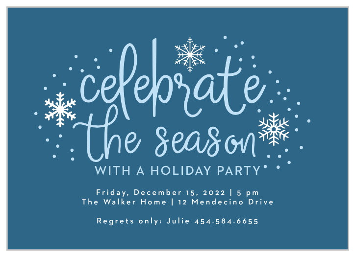 Handwritten Joy Holiday Party Invitations are reminiscent of a beautiful winter day with a blue sky colored, handwritten font that's set against a lagoon blue background, surrounded by intricate illustrations of snow.