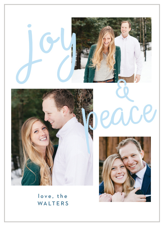 Handwritten Joy Holiday Cards are reminiscent of a beautiful winter day with a blue sky colored, handwritten font that's set against a snow white background, and woven amongst a series of your gorgeous personal photos.