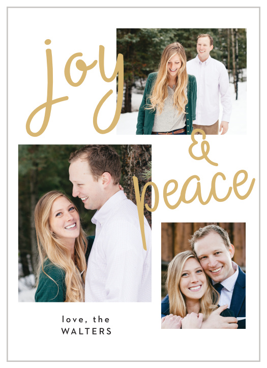 Handwritten Joy Holiday Cards are reminiscent of a beautiful winter day with a gold foiled, handwritten font that's set against a snow white background, and woven amongst a series of your own gorgeous personal photos.