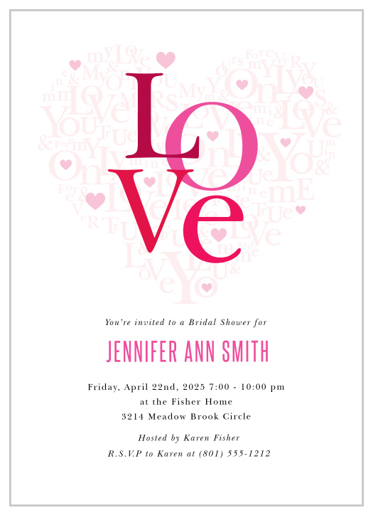Subway Letter Heart Bridal Shower Invitation uses bright and bold colors magenta, pink and fuschia font spells out LOVE. You can customize this invitation to meet your style!
