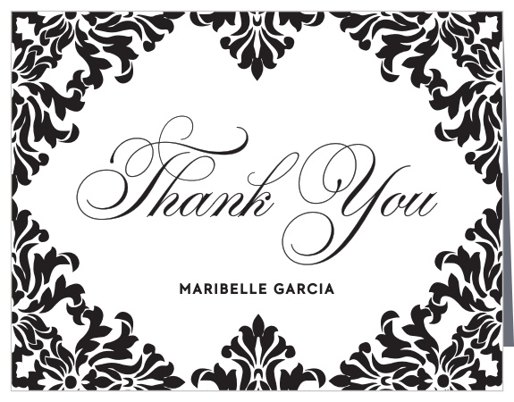 Plush, rich black "Velvet" designs border the outside of these thank you cards.