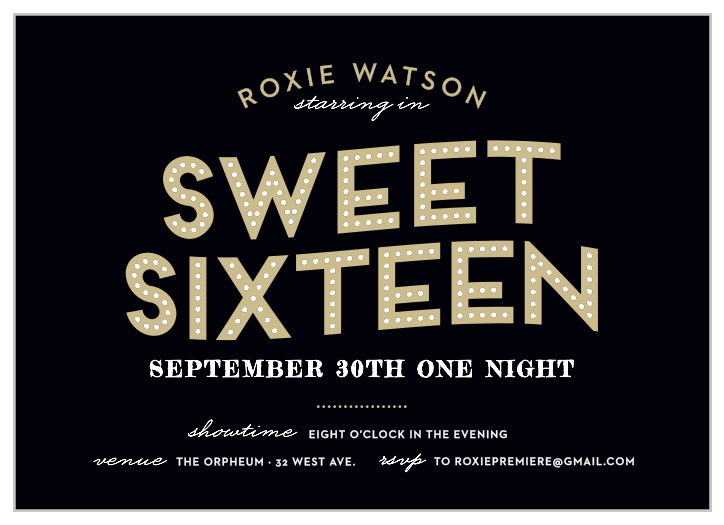 Make her the star of the night with our Broadway Bravo Sweet Sixteen Party Invitations