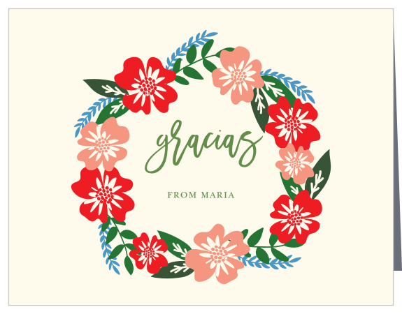 An elegant scrawl is crowned in poppy red and sienna pink flowers with steel blue accents, set against a cream background for our Hardy Hibiscus Thank You Cards.