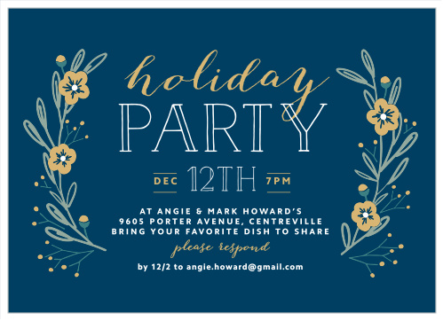 On a classic shade of holiday blue, we've created just the card you need for your upcoming party: Cheery Laurels Foil Holiday Party Invitations.