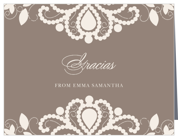 Delicately designed, with intricate illustrations of Luxurious Lace in pearl white and a taupe background, and lavish, swirling script, these Thank You Cards are as lovely as it gets.