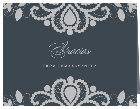 Delicately designed, with intricate illustrations of Luxurious Lace in silver foil and an onyx background, and extravagant, swirling script, these foil Thank You Cards are as lovely as it gets.