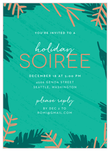 A perfect play of modern and classic, the Minty Leaves Foil Party Invitations are a wonderful way for you to welcome your loved ones to your holiday celebrations this winter.
