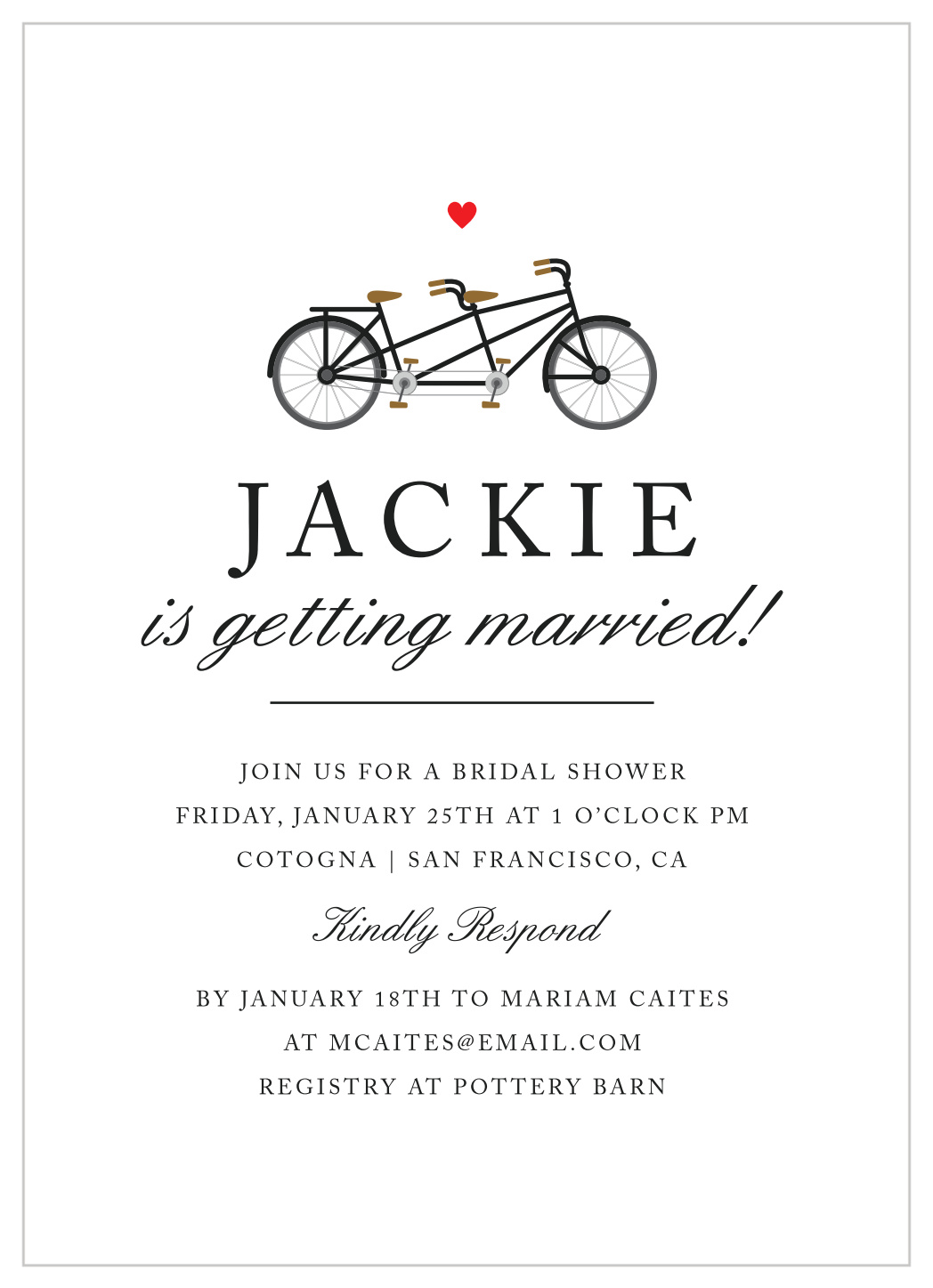 Tandem Bike Bridal Shower Invitations