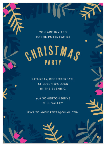 Blue Branches Foil Christmas Invitations