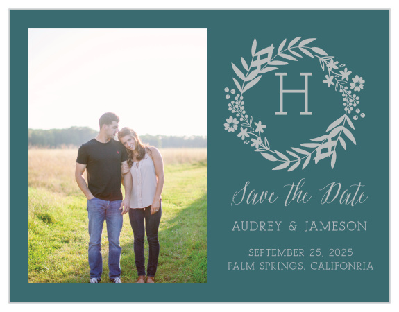 A gorgeous photo of yourselves decorates the left-hand side of our Blooming Monogram Foil Save-the-Date Magnets.