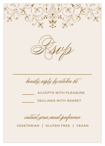 Our antique-themed Floral Filigree Response Cards a feature bronze lettering in various typefaces on a pearl white background.