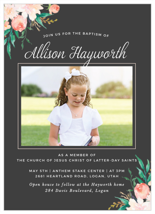 Soft flowers grace the corners of our Blossoming Love Photo LDS Baptism Invitations.